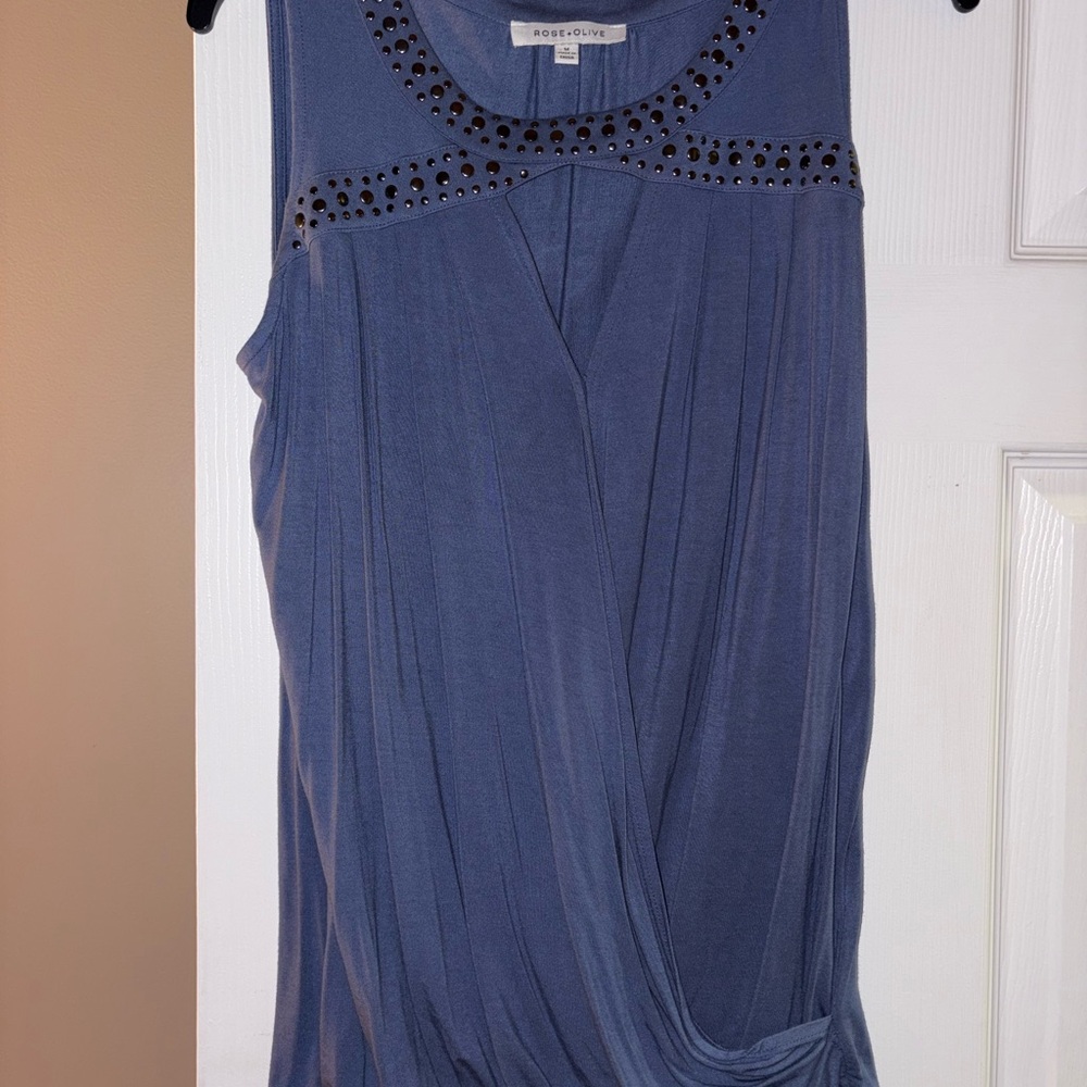 Rose & Olive Blue Asymmetrical Embellished Blouse